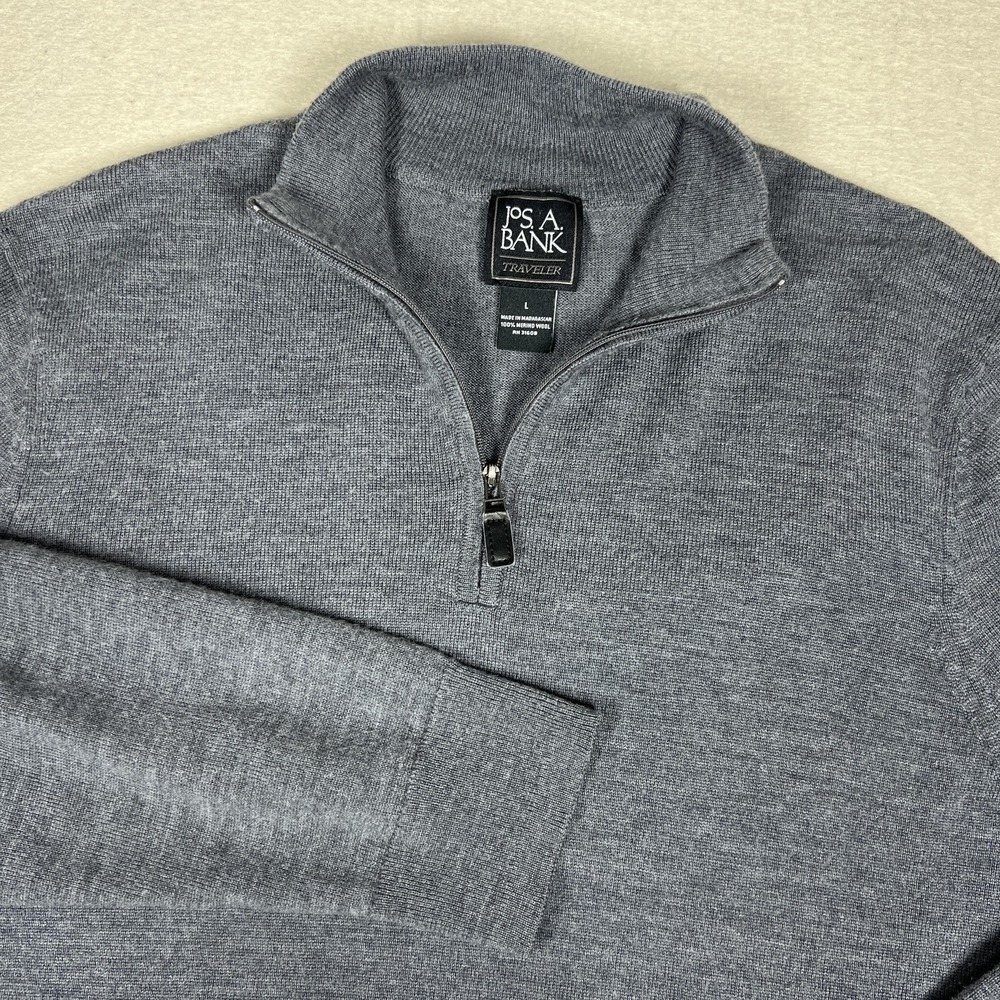 Jos. A. Bank Traveler 1/4 Zip Sweater Mens Large‎ Merino Wool Gray Mock Neck